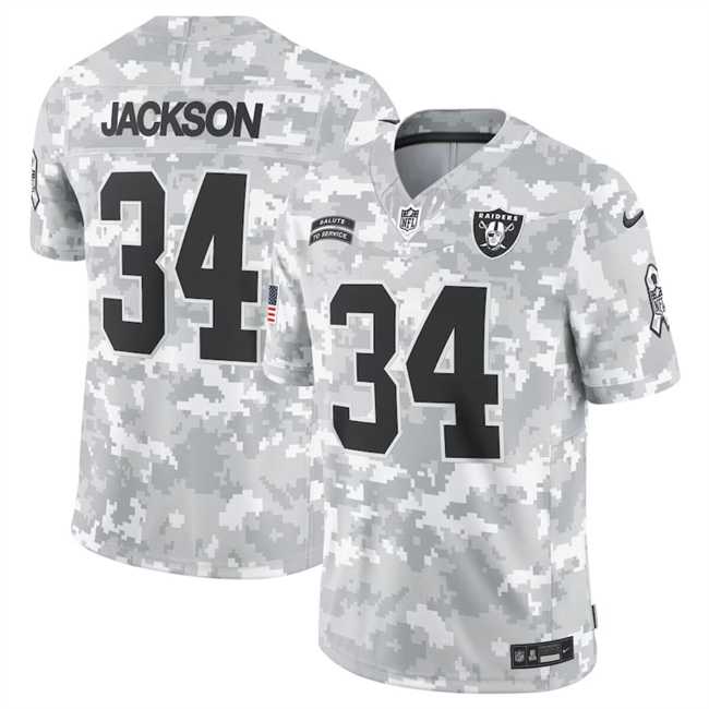 Mens Las Vegas Raiders #34 Bo Jackson 2024 Arctic Camo Salute To Service Limited Stitched Jersey Dyin